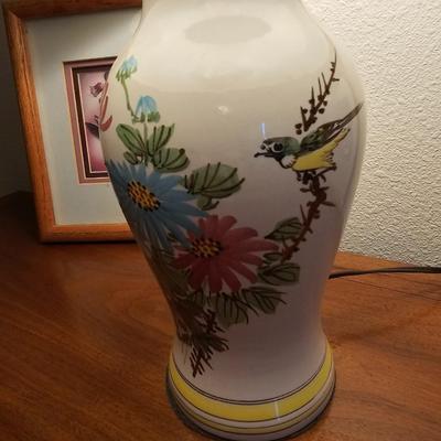 Two framed hummingbird wall art with porcelain-base Lamp hand painted bird