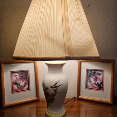 Two framed hummingbird wall art with porcelain-base Lamp hand painted bird