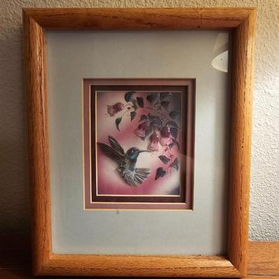 Two framed hummingbird wall art with porcelain-base Lamp hand painted bird