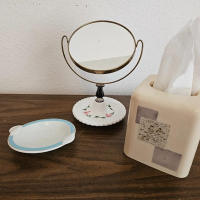 Porcelain based make-up mirror Handprinted roses - with tissue box and soap dish