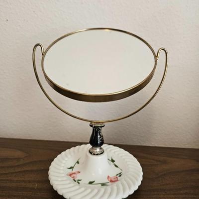 Porcelain based make-up mirror Handprinted roses - with tissue box and soap dish