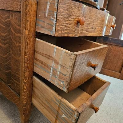 Antique Oak three drawer dresser with storage cabinet curved top drawer