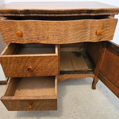Antique Oak three drawer dresser with storage cabinet curved top drawer