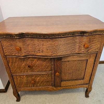 Antique Oak three drawer dresser with storage cabinet curved top drawer