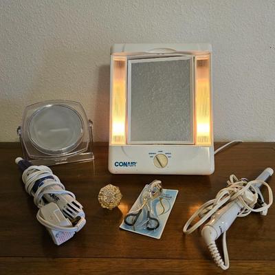 Conair make-up mirror with lights - two Conair curling irons - brand new eye lash curler and more