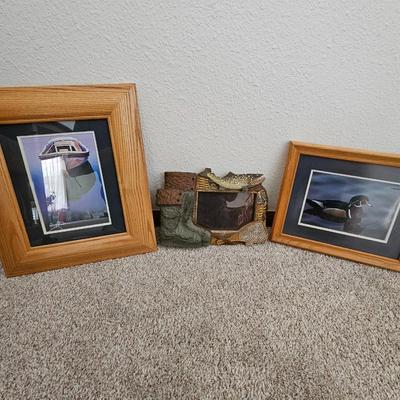Framed wall art - wood duck - Boat - and a fish themed picture frame