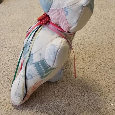 Quilted teddy bear with stand and two small baby blanket quilts