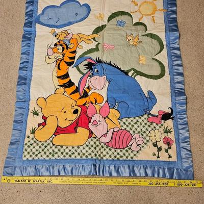 Quilted teddy bear with stand and two small baby blanket quilts