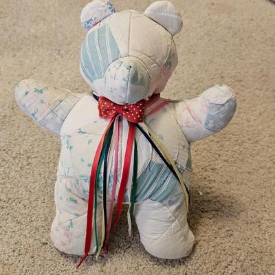 Quilted teddy bear with stand and two small baby blanket quilts