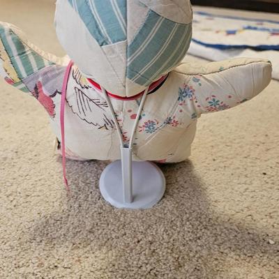 Quilted teddy bear with stand and two small baby blanket quilts