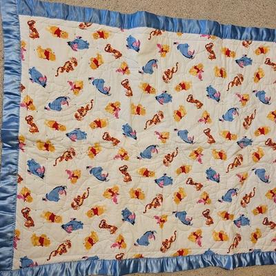 Quilted teddy bear with stand and two small baby blanket quilts