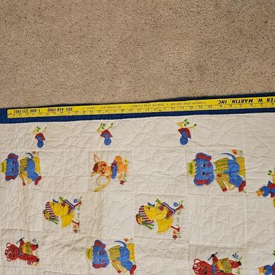 Quilted teddy bear with stand and two small baby blanket quilts