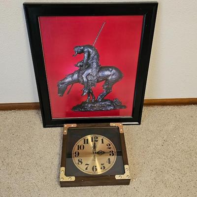 Famed "End of the trail" wall art and a nice wall clock