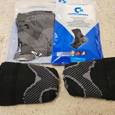 Yoga ball with pump, compression socks, and an exercise weight set