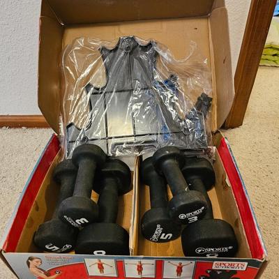 Yoga ball with pump, compression socks, and an exercise weight set