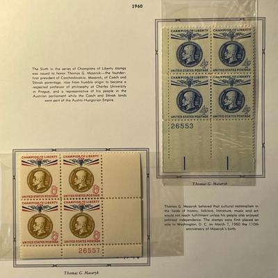 Thomas G. Masaryk 1960 Mint Condition US Stamp Plate Blocks Page as Pictured. Only One $5 Shipping Charge for 1 or 100 Pages Won.