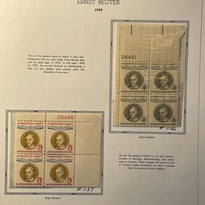 Ernst Reuter 1959 Mint Condition US Stamp Plate Blocks Page as Pictured. Only One $5 Shipping Charge for 1 or 100 Pages Won.