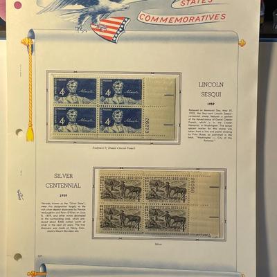 Lincoln Sesqui & Silver Centennial 1959 Mint Condition US Stamp Plate Blocks Page as Pictured. Only One $5 Shipping Charge for 1 or...