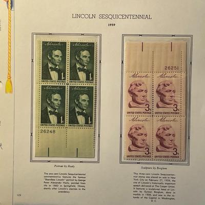 Lincoln Sesquicentennial 1959 Mint Condition US Stamp Plate Blocks Page as Pictured. Only One $5 Shipping Charge for 1 or 100 Pages Won.
