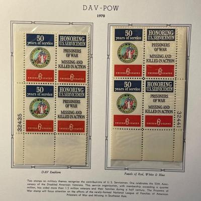 DAV-POW 1970 Mint Condition US Stamp Plate Blocks Page as Pictured. Only One $5 Shipping Charge for 1 or 100 Pages Won.