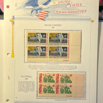 Moon Landing & Football 1969 Mint Condition US Stamp Plate Blocks Page as Pictured. Only One $5 Shipping Charge for 1 or 100 Pages Won.