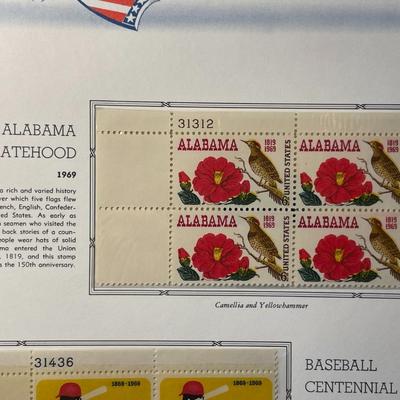 Alabama Statehood & Baseball 1969 Mint Condition US Stamp Plate Blocks Page as Pictured. Only One $5 Shipping Charge for 1 or 100...