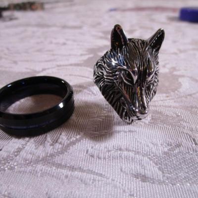 1 Wolf ring, 1 tungsten ring with blue stripe