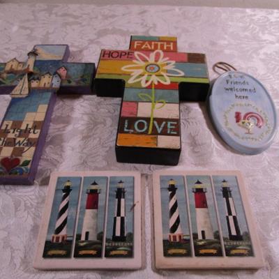 1 Jim shore cross, 1 cross, 2 lighthouse coasters, sign