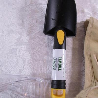 Leather gloves, safety glasses, trowel, cultivator