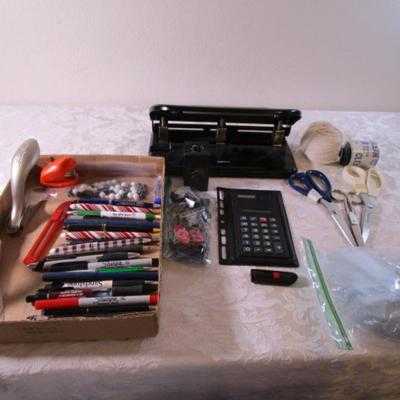 Sale Photo Thumbnail #471: SanDisk 16G flash drive, misc pens, push pins, clips, staple removers, large hole punch, 3 pr scissors, file folder tabs, calculator, mini stapler, packing tape, twine