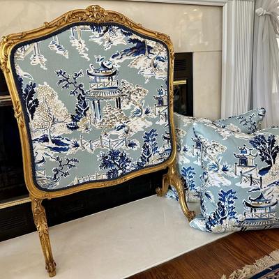 ORNATE GILT UPHOLSTERED FIRESCREEN, PILLOW LOT