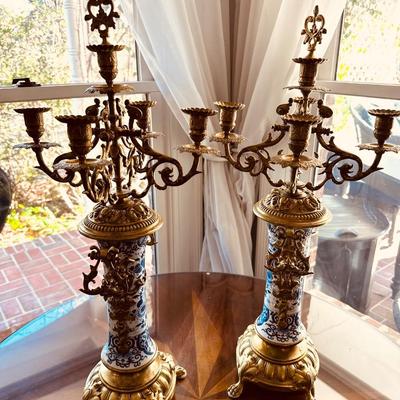 BLUE WHITE DELFT BRASS CANDLEABRA PAIR