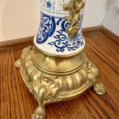 BLUE WHITE DELFT BRASS CANDLEABRA PAIR