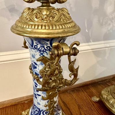 BLUE WHITE DELFT BRASS CANDLEABRA PAIR