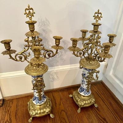 BLUE WHITE DELFT BRASS CANDLEABRA PAIR