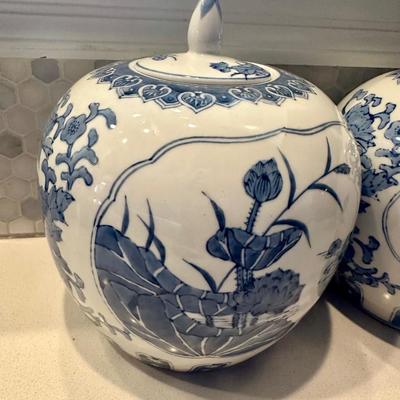 Sale Photo Thumbnail #56: BLUE WHITE GINGER JAR PAIR 12” tall