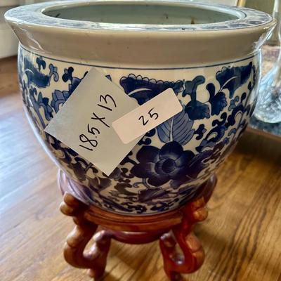 BLUE WHITE FISHBOWL PLANTER ON STAND