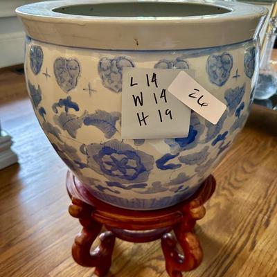 BLUE WHITE FISHBOWL PLANTER ON STAND