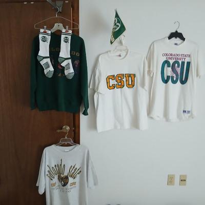 Vintage Colorado State University apparel CSU Mom t-shirts, socks, and a flag