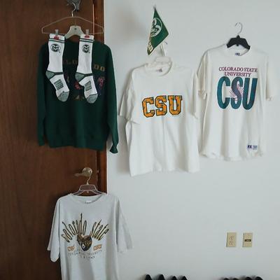 Vintage Colorado State University apparel CSU Mom t-shirts, socks, and a flag