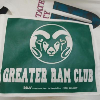 Vintage Colorado State University apparel CSU Mom t-shirts, socks, and a flag