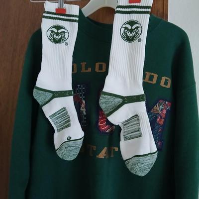 Vintage Colorado State University apparel CSU Mom t-shirts, socks, and a flag