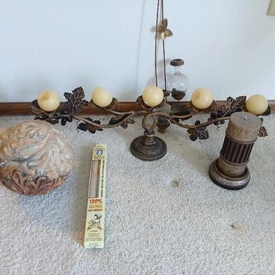 metal multi–Candle holder with candles, ceramic fall themed ball and more