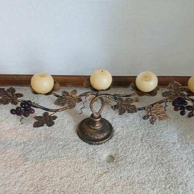 metal multi–Candle holder with candles, ceramic fall themed ball and more