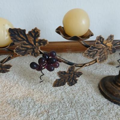 metal multi–Candle holder with candles, ceramic fall themed ball and more