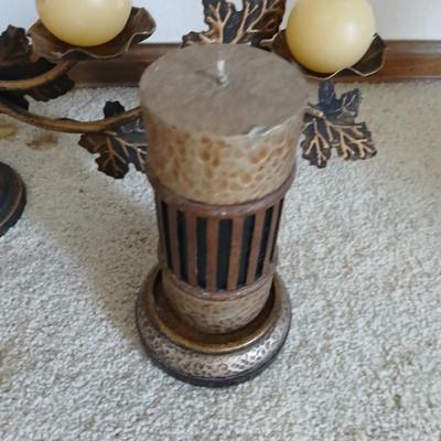 metal multi–Candle holder with candles, ceramic fall themed ball and more