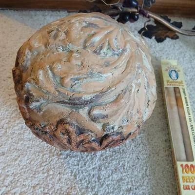 metal multi–Candle holder with candles, ceramic fall themed ball and more