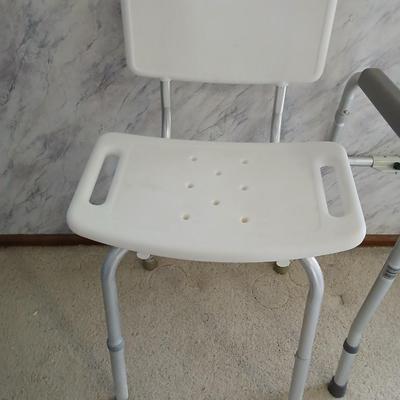 Medical assist shower chair and a toilet safety frame rail both with adjustable legs