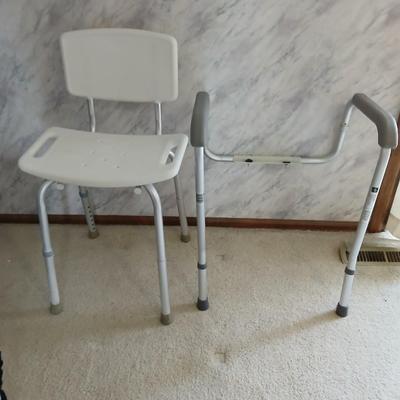 Medical assist shower chair and a toilet safety frame rail both with adjustable legs
