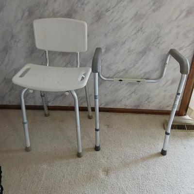 Medical assist shower chair and a toilet safety frame rail both with adjustable legs